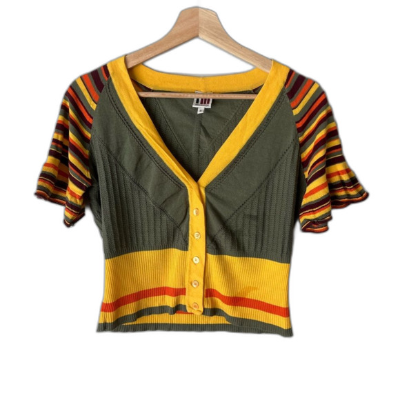 I’M Isola Marras Cotton Knit Stripe Button Front Crop Sweater Cardigan Small - Picture 1 of 6